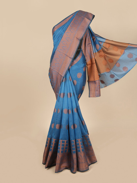 

Pothys Blue & Copper-Toned Woven Design Cotton Blend Zari Saree