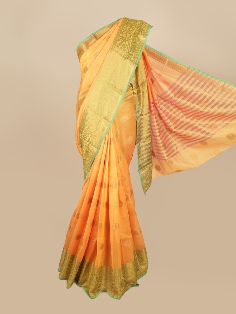 

Pothys Mustard & Green Ethnic Motifs Cotton Blend Zari Saree