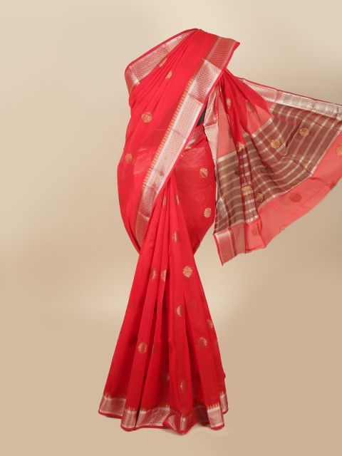 

Pothys Red & Silver-Toned Ethnic Motifs Zari Cotton Blend Saree