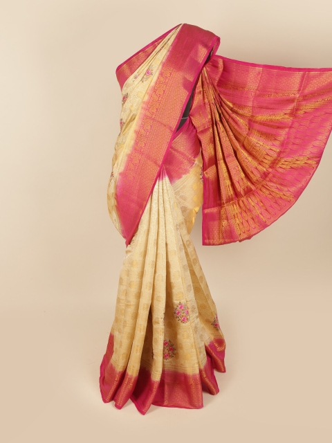 

Pothys Cream-Coloured & Pink Woven Design Zari Tissue Saree
