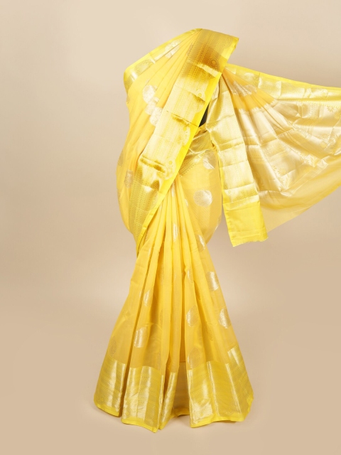 

Pothys Yellow & Silver-Toned Cotton Blend Woven Design Zari Saree