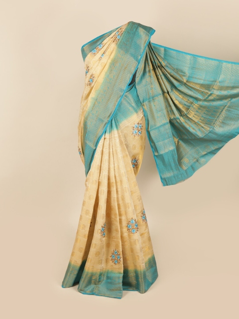 

Pothys Cream-Coloured & Blue Floral Zari Tissue Saree