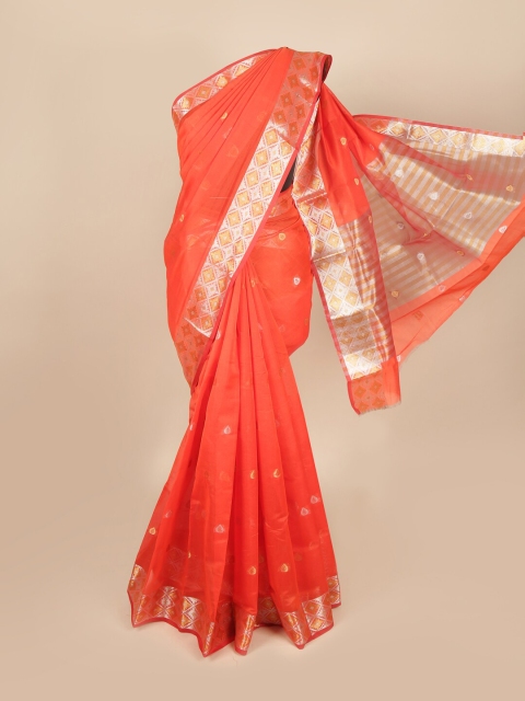

Pothys Orange & Silver-Toned Woven Design Zari Saree