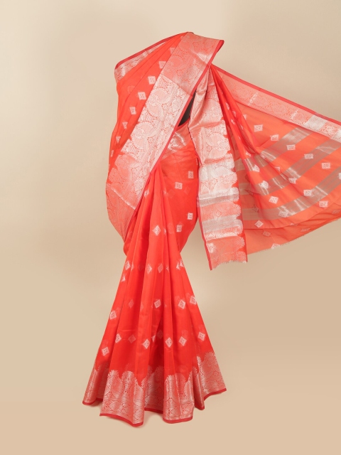 

Pothys Orange & Silver-Toned Ethnic Motifs Zari Saree