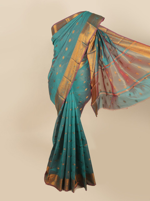 

Pothys Sea Green & Gold-Toned Ethnic Motifs Cotton Blend Zari Saree