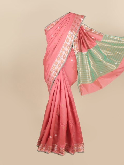 

Pothys Peach-Coloured & Green Woven Design Zari Saree