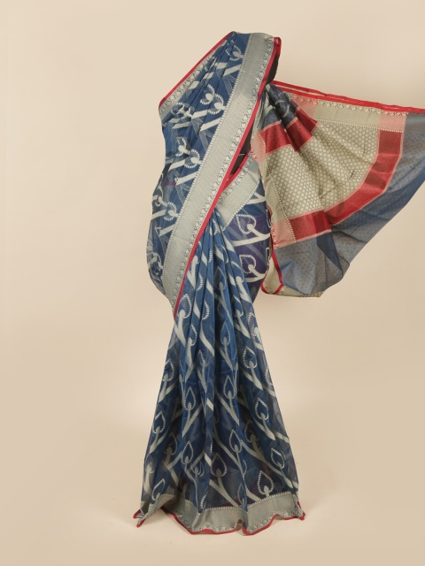 

Pothys Blue & Cream-Coloured Floral Supernet Saree