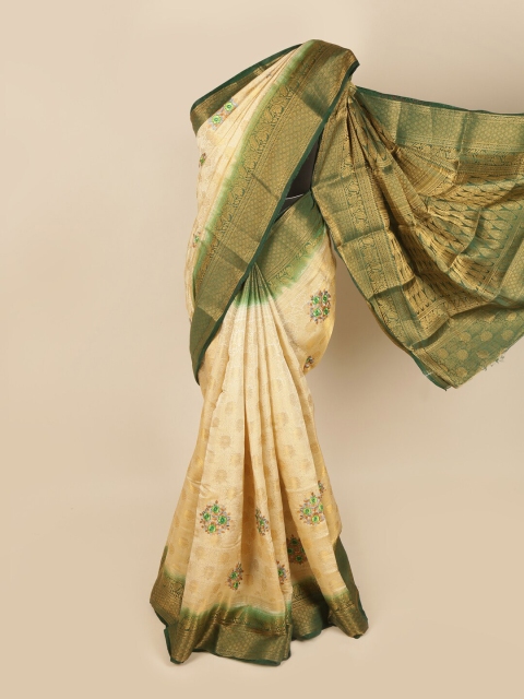 

Pothys Cream-Coloured & Green Woven Design Zari Tissue Saree