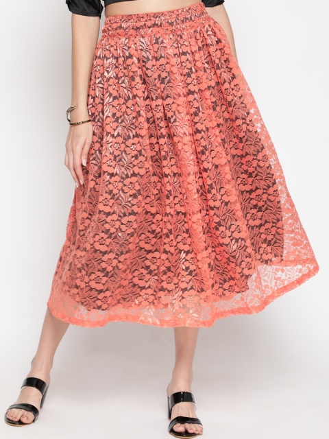 

AKIMIA Women Peach-Coloured Lace Net Flared Midi Skirt