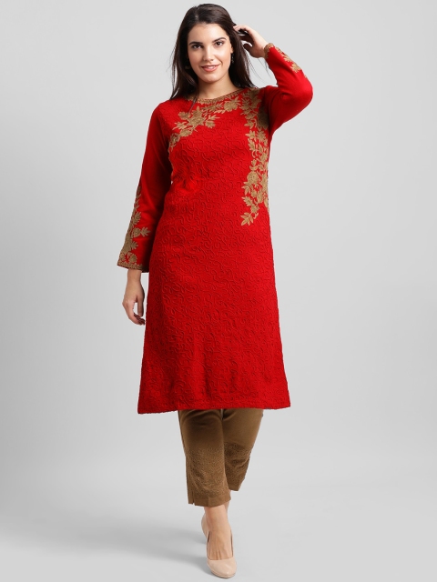 

FABNEST Women Red Ethnic Motifs Embroidered Kurta