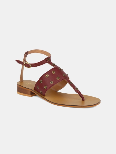 

W Tan Brown & Gold-Toned Embellished PU Block Sandals