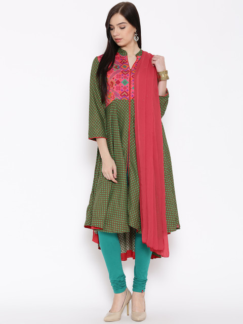 

Biba Green Printed Anarkali Churidar Kurta with Dupatta