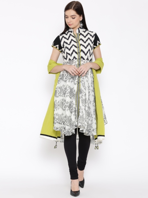 

Biba Off-White & Black Floral Print Flared Churidar Kurta with Dupatta