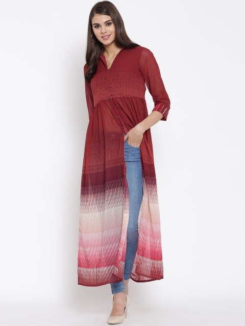 

Biba Women Maroon & Off-White Printed Sheer Longline Top