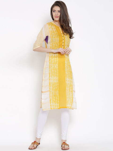 

Biba Women Yellow & Off-White Printed Straight Kurta
