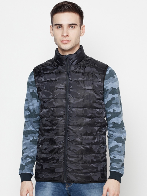 

METTLE Men Navy Blue Grey Camouflage Puffer Jacket