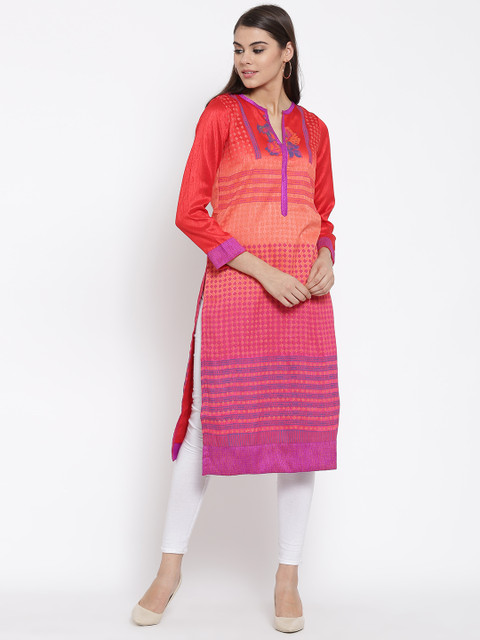 

Biba Women Pink & Coral Red Printed Straight Kurta