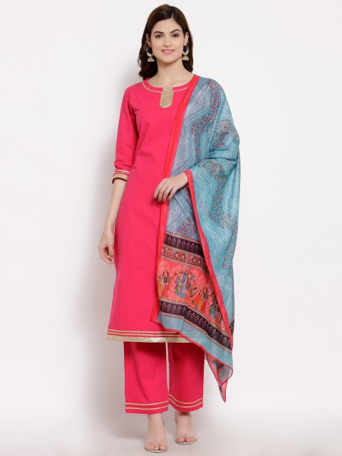 

Myshka Women Pink Layered Pure Cotton Kurta with Palazzos & With Dupatta