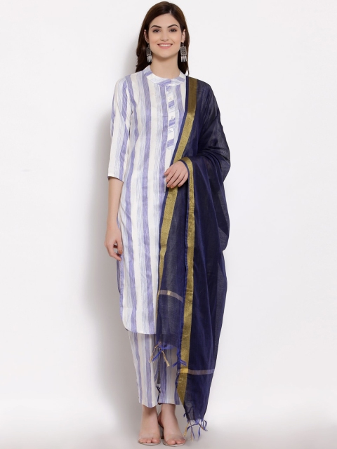 

Myshka Women Blue Striped Pure Cotton Kurta with Trousers & With Dupatta