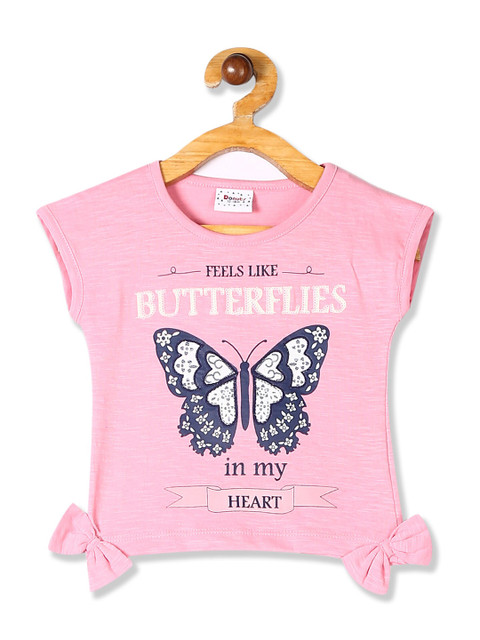 

Donuts Girls Pink & Navy Blue Printed Sleeves T-shirt