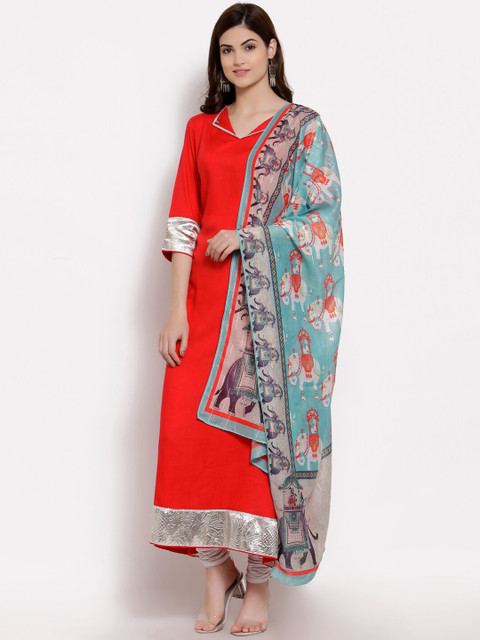 

Myshka Women Red Ethnic Motifs Colourblocked Flared Sleeves Kurta with Dupatta