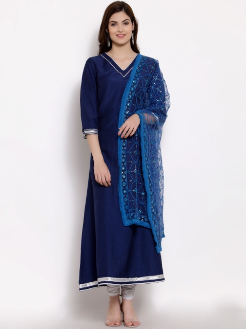 

Myshka Women Navy Blue Embroidered Anarkali Kurta with Dupatta