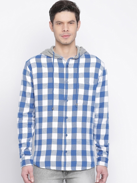 

Oxolloxo Men Blue Gingham Checked Hooded Casual Shirt