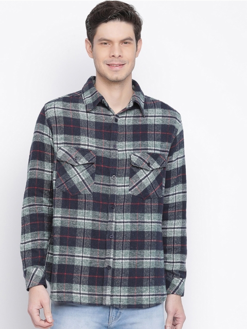 

Oxolloxo Men Black & Olive Green Tartan Checks Opaque Casual Shirt