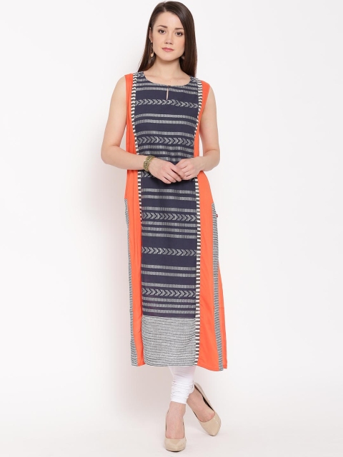 

W Women Navy Blue Woven Design Straight Kurta