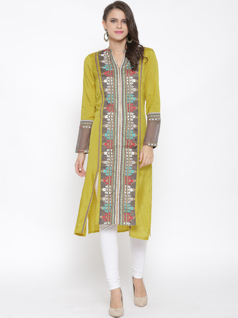 

W Women Olive Green Printed Straight Kurta