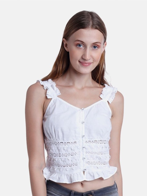 

IX IMPRESSION White Sweetheart Neck Schiffli Regular Pure Cotton Crop Top