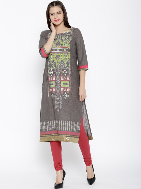 

W Women Grey Printed Straight Kurta