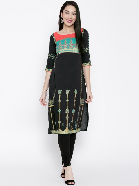 

W Women Charcoal Grey Printed Straight Kurta