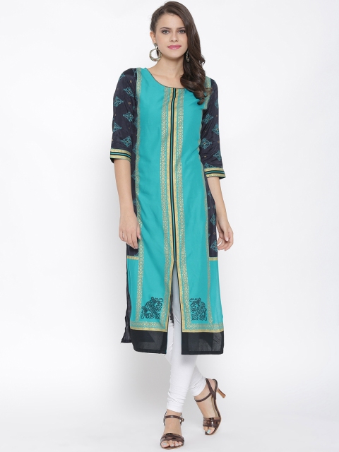 

W Women Teal Blue Printed Straight Kurta