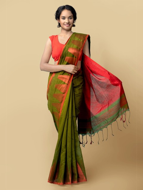 

Unnati Silks Green & Red Woven Design Pure Linen Jamdani Saree