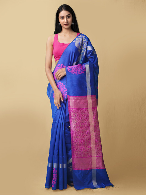 

Unnati Silks Blue & Pink Woven Design Zari Linen Blend Jamdani Saree