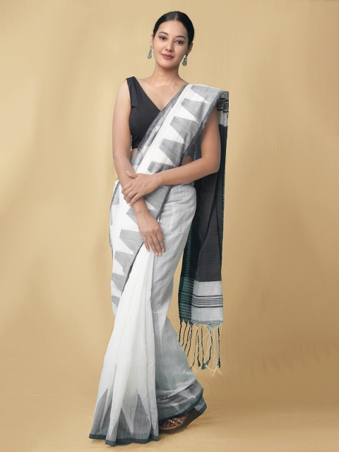 

Unnati Silks White & Black Pure Linen Jamdani Saree