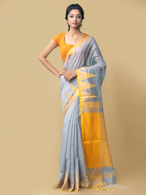 

Unnati Silks Grey & Yellow Woven Design Pure Bengal Linen Saree