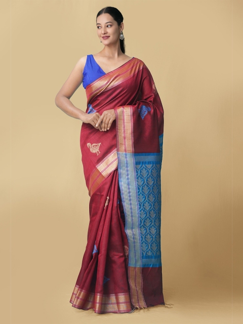 

Unnati Silks Women Maroon & Blue Bengal Linen Saree