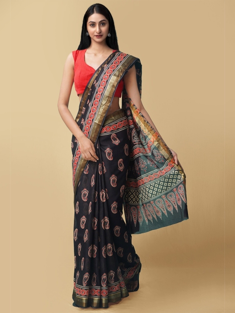 

Unnati Silks Women Black & Red Pure Ajrakh Mulmul Cotton Saree
