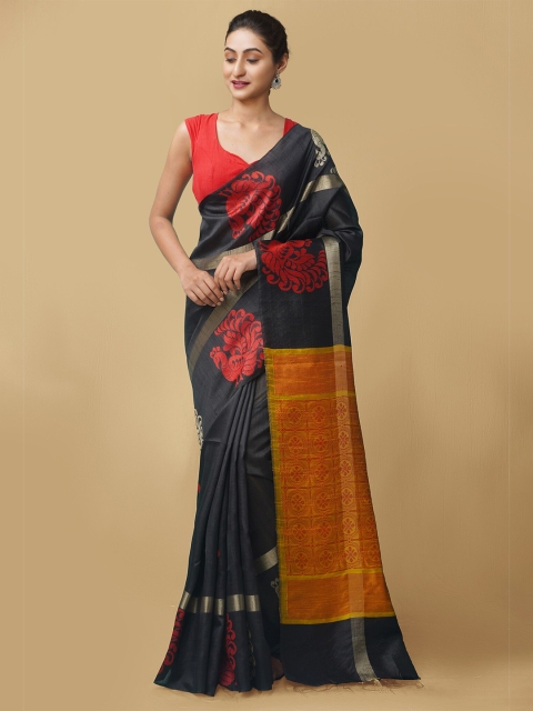 

Unnati Silks Black & Red Woven Design Zari Linen Blend Jamdani Saree