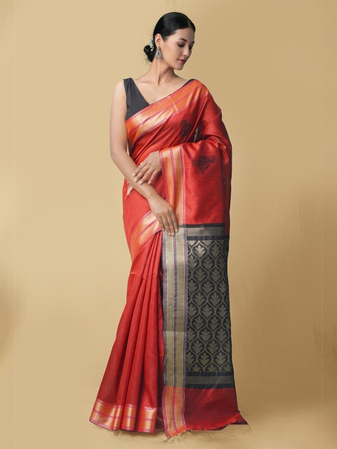 

Unnati Silks Red & Gold-Toned Woven Design Zari Linen Blend Jamdani Saree