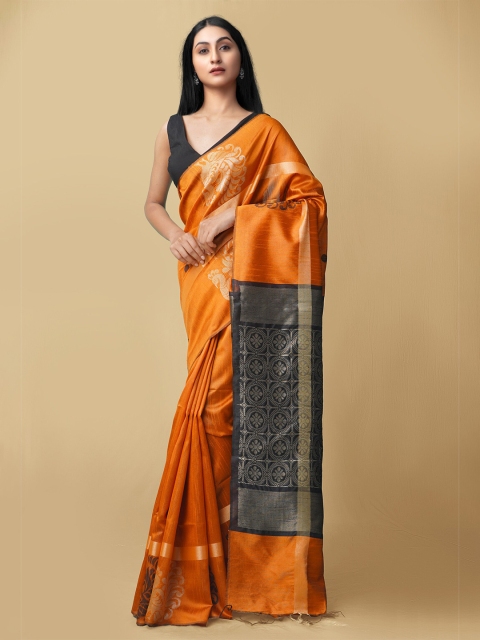 

Unnati Silks Orange & Black Woven Design Zari Linen Blend Jamdani Saree