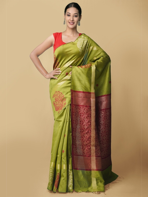 

Unnati Silks Green & Red Ethnic Motifs Zari Linen Blend Jamdani Saree