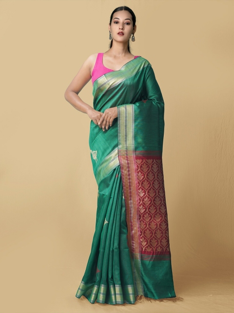 

Unnati Silks Women Green & Red Bengal Linen Saree