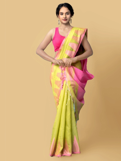 

Unnati Silks Green & Pink Woven Design Pure Bengal Linen Saree