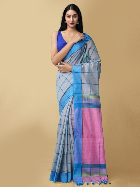 

Unnati Silks Grey & Blue Checked Pure Linen Jamdani Saree