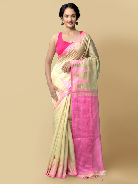 

Unnati Silks Green & Pink Woven Design Pure Linen Jamdani Saree