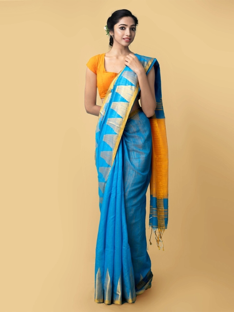 

Unnati Silks Blue & Yellow Woven Design Pure Linen Handloom Jamdani Saree
