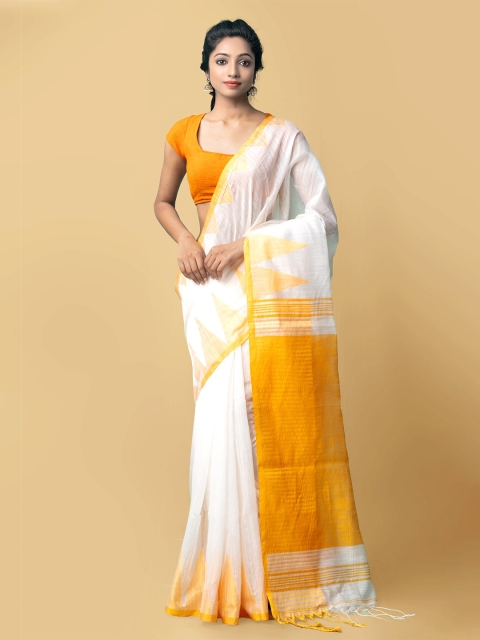 

Unnati Silks White & Yellow Woven Design Pure Linen Jamdani Saree